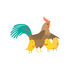 Cock with three small yellow chicken isolated on white background