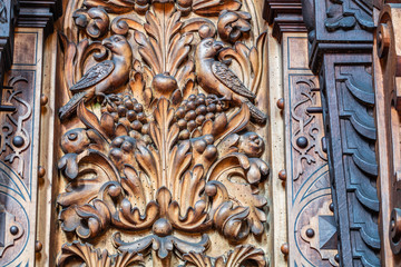Bernardine church interior. Sacristy. Closeup of  Wood Carvings
