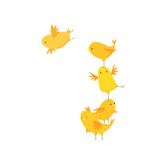 Happy funny cute yellow chicks having fun isolated on white background
