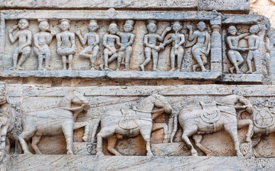 Bas-relief at famous ancient Jagdish Temple in Udaipur, Rajasthan, India