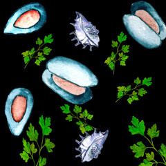 Watercolor seamless pattern with mussels, herbs. Painted illustration on a black background.