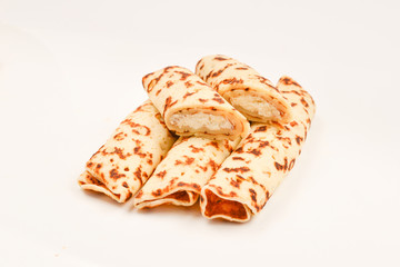 Pancakes with curd isolated on white background.