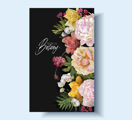 Vector border with flowers and tropical leaves