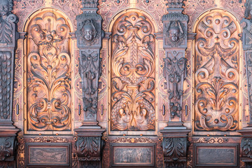 Bernardine church interior. Sacristy. Closeup of  Wood Carvings