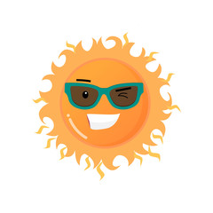 Funny toothy smiling sun in sunglasses emoji sticker isolated on white background
