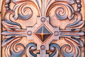 Bernardine church interior. Sacristy. Closeup of  Wood Carvings