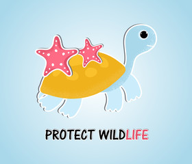 Сartoon style turtle with sea stars in the ocean. Design template card with text Protect Wildlife. Ecological concept, ocean pollution, environmental protection, saving the planet