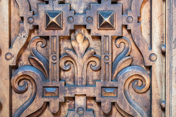 Bernardine church interior. Sacristy. Closeup of  Wood Carvings