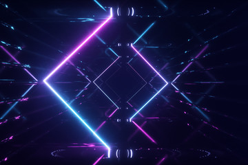 Abstract flying in futuristic corridor background, fluorescent ultraviolet light, mirror lines laser neon lines, geometric endless tunnel, 3d illustration, blue pink spectrum © flashmovie