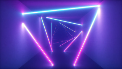 Abstract flying in futuristic corridor with triangles background, fluorescent ultraviolet light, colorful laser neon lines, geometric endless tunnel, blue pink spectrum, 3d illustration - obrazy, fototapety, plakaty