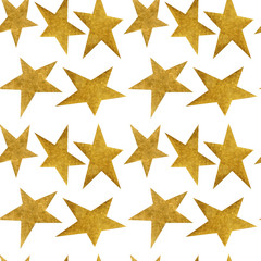 Seamless pattern with golden metallic stars on a white background.