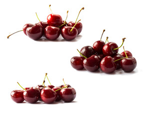 Fresh red cherries isolated on white background. Cherry fruit with copy space for text. Ripe cherry on a white background.
