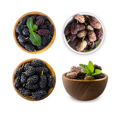 Set of mulberries. Mulberries in a wooden bowl with copy space for text. Black and purple mulberry on white background. Ripe and tasty mulberry isolated on white background. Top view.