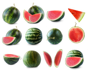 Watermelon and slice isolated on white background. Sweet and juicy fruit with copy space for text. Ripe watermelon close-up. Set of watermelons on white background. Various fresh summer fruit.