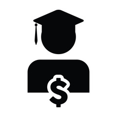 Education icon vector male person profile avatar with dollar symbol for student loan in flat color glyph pictogram illustration