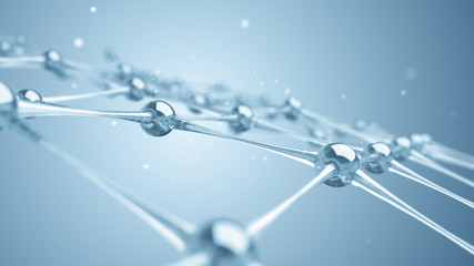 A network of molecules and atoms of glass and crystals constitute a single system. 3D illustration