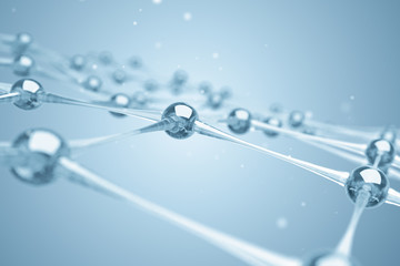 A network of molecules and atoms of glass and crystals constitute a single system. 3D illustration