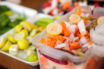 Marinated vegetables in plates on the table. Egyptian food
