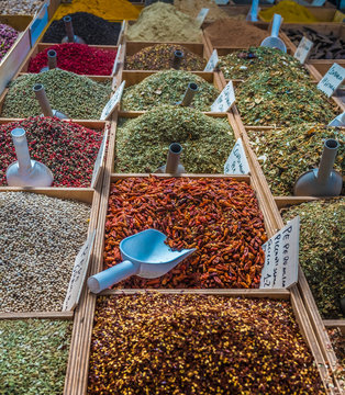 Tradition spices and nuts in the stalls of the farmers market in Syracuse (Siracusa), a historic city on the island of Sicily, Italy.