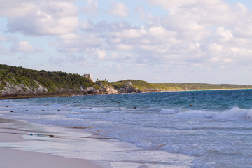 Sunset over the beach of the Mayan Riviera in Tulum, Quintana Roo, Mexico