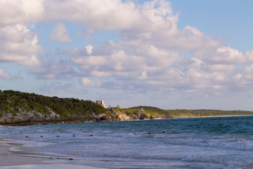 Sunset over the beach of the Mayan Riviera in Tulum, Quintana Roo, Mexico