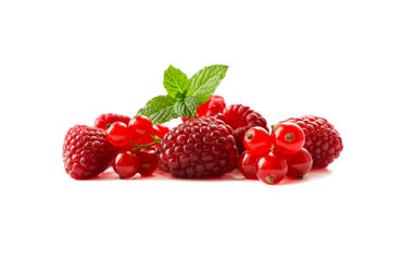 Ripe currants and raspberries. Ripe berries close-up. Background of mix berries with copy space for text. Mix berries isolated  on white background. Various fresh summer.