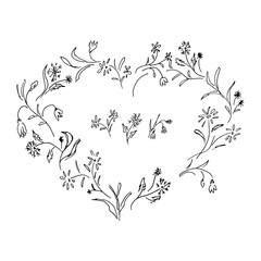 Hand drawn vector wreath in form of heart. Floral circle frame design elements for invitations, greeting cards, posters, blogs. Delicate set of flowers, branches and leaves.