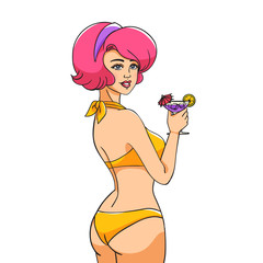 Pop Art girl. A young woman in a bathing suit holds a cocktail in her hand. A woman stands with her back half-sided.