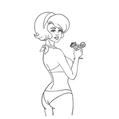 Pop Art girl. A young woman in a bathing suit holds a cocktail in her hand. A woman stands with her back half-sided. 