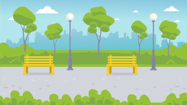 Benche and lantern in the city park. Landscape: park path, green lawn, trees, bushes, city on the horizon.