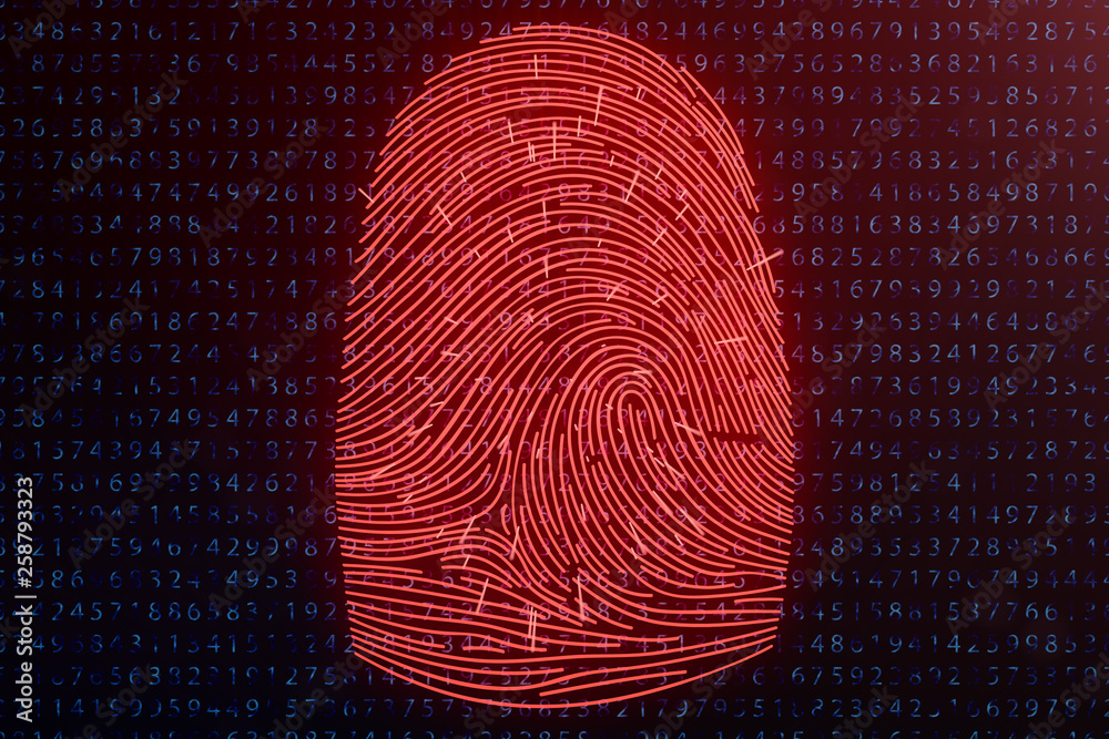 Poster 3d illustration fingerprint scan provides security access with biometrics identification. concept fi
