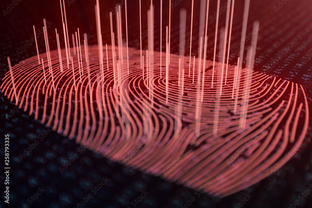 Poster 3d illustration fingerprint scan provides security access with biometrics identification. concept fi