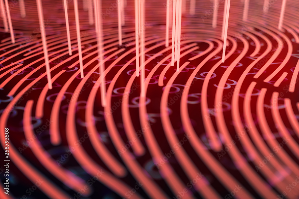 Poster 3d illustration fingerprint scan provides security access with biometrics identification. concept fi