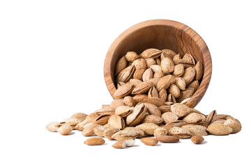 Almonds with shell in bowl Isolated on white background