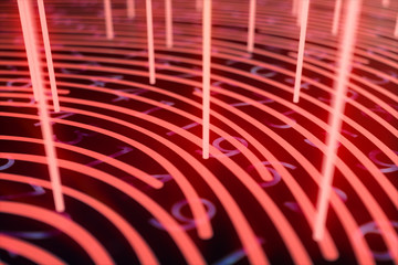 3D illustration Fingerprint scan provides security access with biometrics identification. Concept fingerprint hacking, threat. Finger print with binary code. Concept of digital security.