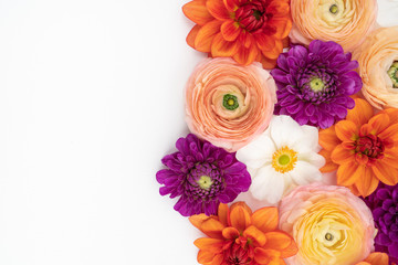 Fall color floral flat lay background with ranunculus, dahlia and anemone