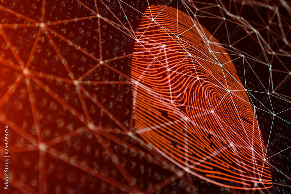 Poster 3d illustration fingerprint scan provides security access with biometrics identification. concept fi