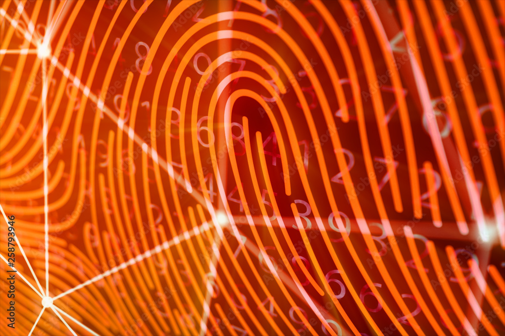 Poster 3d illustration fingerprint scan provides security access with biometrics identification. concept fi