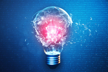 3D Illustration Exploding light bulb on a blue background, with concept creative thinking and innovative solutions. Red glow in the center concept virus. Binary code