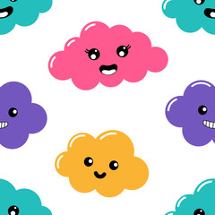 kawaii Pastel Cuts clouds cartoon with Funny Faces Seamless pattern on White Background. Vector illustration.