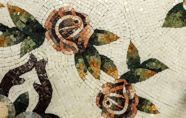 Detail of a beautiful marble mosaic panel. Interior marble mosaic. A piece of marble Venetian...