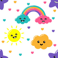 kawaii Pastel cuts weather rainbow, clouds, sun and stars cartoon with Funny Faces Seamless pattern on White Background. Vector illustration.