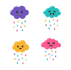 kawaii Pastel Cuts  Rain, clouds cartoon with Funny Faces isolated on White Background. Vector illustration.