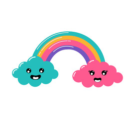 kawaii Pastel cuts weather rainbow and clouds cartoon with Funny Faces isolated on White Background. Vector illustration.