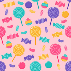 kawaii Cute Pastel Candy sweet desserts Seamless pattern with different types on pink Background for cafe or restaurant. illustration Vector.