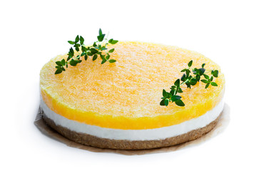 Healthy layered pineapple cheese cake isolated on white