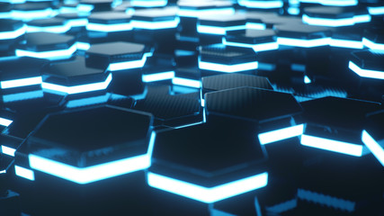 Obraz premium Abstract blue of futuristic surface hexagon pattern with light rays. Blue geometric hexagonal abstract background. 3D illustration