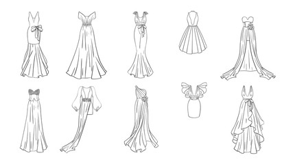 A set of different dresses. Modern and classic style. Dresses for prom, gala evening, wedding, masquerade, points. 