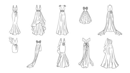 A set of different dresses. Modern and classic style. Dresses for prom, gala evening, wedding, masquerade, points. 