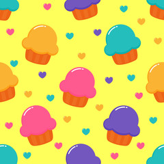 kawaii Cute Pastel Cupcake Sweet summer desserts Seamless pattern with different types on yellow Background for cafe or restaurant. illustration Vector.